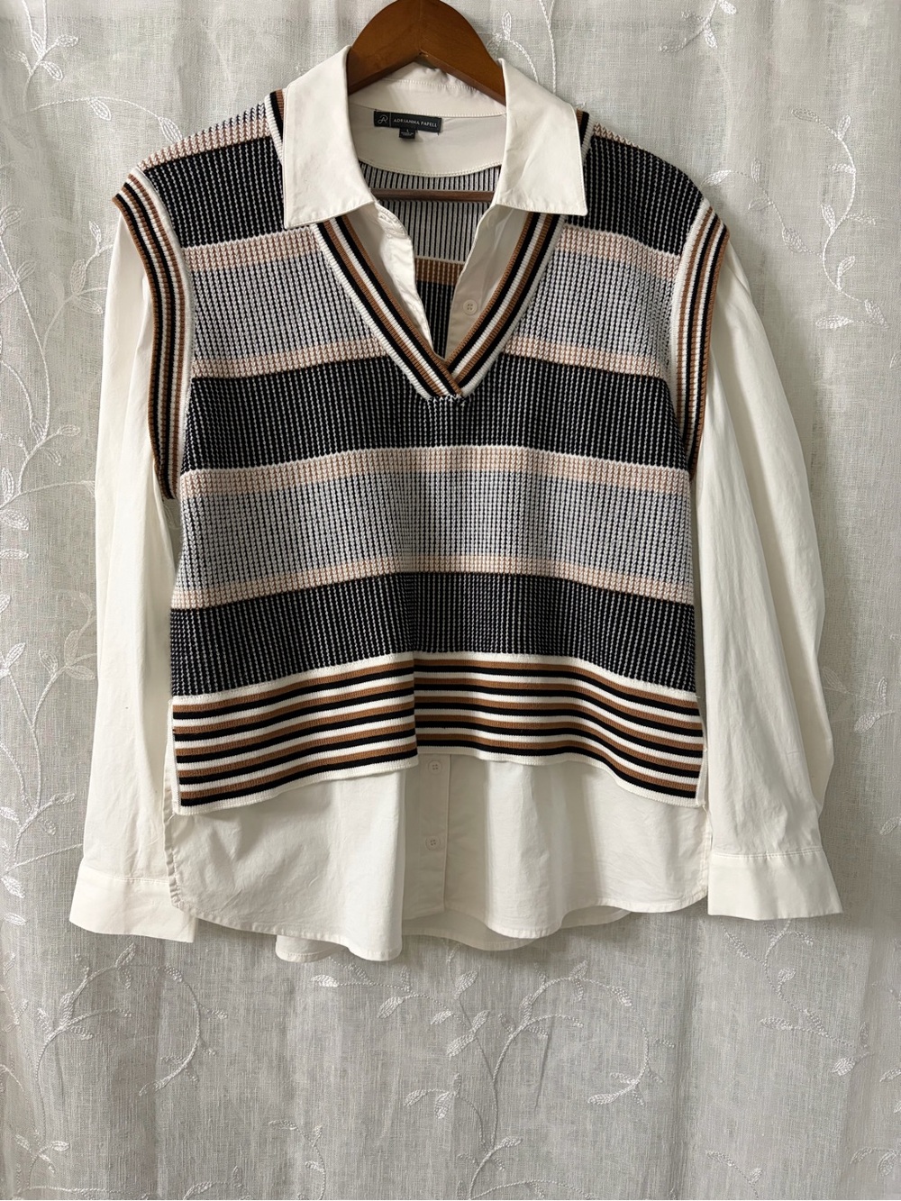 Adrianna Papell Striped V-Neck Knit Sweater Vest in Black, Cream & Brown M/L